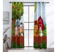 Green Thermal Blackout Curtains, Cartoon Farm Animals Barn Printed Sliding Window Drapes, Soundproof Energy Efficient Grommet Panels for Bedroom Living Room, W 66" x L 90" (2 Panels)
