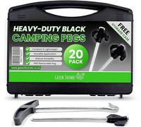 Green Thumbz 20X Tent Pegs, Heavy Duty Black Camping Pegs With Storage Case & Peg Remover For Hard Ground