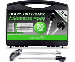Green Thumbz 20X Tent Pegs, Heavy Duty Black Camping Pegs With Storage Case & Peg Remover For Hard Ground