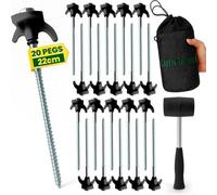 Green Thumbz Black Camping Tent Peg Set W/ 20 Heavy Duty Pegs, Storage Bag, Rubber Rings, Socket Bit And Mallet