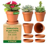 Green Thumbz Clay Pots for Plants with Saucer - 15cm x 4 Pack Large Terracotta Plant Pots with Drainage Hole, Ceramic Pots for Plants for Indoor/Outdoor Use