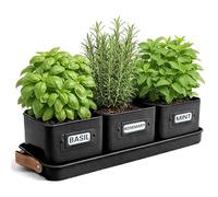 Green Thumbz Herb Pots for Kitchen Windowsill - Set of 3 Black Herb Planter Indoor with Leather Handled Tray - Ideal for an Indoor Herb Garden, Plants and Flowers - Labels Included