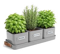 Green Thumbz Herb Pots for Kitchen Windowsill - Set of 3 Charcoal Grey Herb Planter Indoor with Leather Handled Tray - Ideal for an Indoor Herb Garden, Plants and Flowers - Labels Included