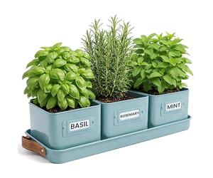 Green Thumbz Herb Pots for Kitchen Windowsill - Set of 3 Teal Blue Herb Planter Indoor with Leather Handled Tray - Ideal for an Indoor Herb Garden, Plants and Flowers - Labels Included