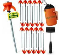Green Thumbz Orange Camping Tent Peg Set W/ 20 Heavy Duty Pegs, Storage Bag, Rubber Rings, Socket Bit And Mallet