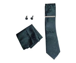 Green Tie Set Mens 5pc Stylish Necktie, Pocket Square, Cufflinks, Tie Pin Complete Tie Accessory Gift Kit Boxed Perfect (Classic Green)