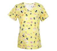 Green Town Performance V-Neck Medical Top Scrubs for Women - Fun Prints, 4 Way Stretch, Moisture Wicking, Quick Dry, Yellow Bees, M