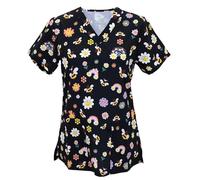 Green Town Performance V-Neck Medical Top Scrubs for Women - Fun Prints, 4 Way Stretch, Moisture Wicking, Quick Dry, Black Bees, M