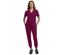 Green Town Scrubs for Women Scrub Set - Jogger Pant and Tuck-in V-Neck Top, 5 Pockets, Yoga Waistband, Nursing Uniform, Wine, XL Petite