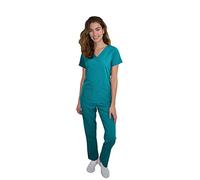 Green Town Scrubs for Women Scrub Set - V-Neck Top and Straight Leg Pant, 5 Pockets, Easy Care, Solids and Prints Uniforms, Teal, S Petite