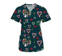 Green Town Scrubs for Women V-Neck Scrub Top - Christmas Thanksgiving Halloween Holiday Prints, Candy Cane Hearts, S
