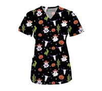 Green Town Scrubs for Women V-Neck Scrub Top - Christmas Thanksgiving Halloween Holiday Prints, Ghost Town, S