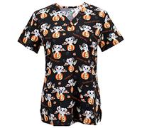 Green Town Spooky Halloween Workwear Printed V-Neck Scrub Tops for Women - Small to 3X