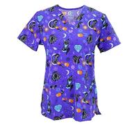 Green Town Spooky Halloween Workwear Printed V-Neck Scrub Tops for Women - Small to 3X