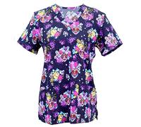 Green Town Spooky Halloween Workwear Printed V-Neck Scrub Tops for Women - Small to 3X