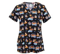 Green Town Spooky Halloween Workwear Printed V-Neck Scrub Tops for Women - Small to 3X, Trunk Or Treat Black, XXL