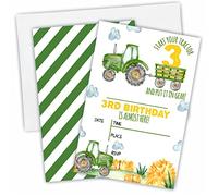 Green Tractor 3rd Birthday Party Invitation，3Years Old Farmyard Theme Party Invitations For Kids, Teen, Boys & Girls，20 Double-Sided Fill In Style Invites With Envelopes-Party Favors Decoration And