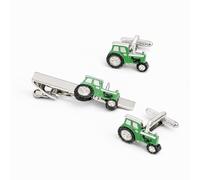 Green Tractor Cufflinks and Tie Bar Set, Silver-Tone, Novelty Farming Theme Gift, Onyx Art TBC48, in Premier Life Store Box