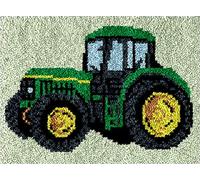 Green Tractor Latch Hook Rug Kits with Printed Canvas DIY Floor Mat Crochet Yarn Embroidery Hook and Latch Kit Carpet Tapestry for Christmas Decoration 52x38cm