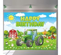 Green Tractor Photography Backdrop8x6FT Farm Red Barn Tractor Tractor Happy Birthday Party Banner for Children's Birthday Baby Shower Cake Table Decorations Background
