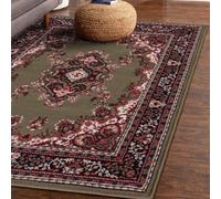 Green Traditional Floral Bordered Rug Easy To Clean Dining Room-60Cm X 110Cm