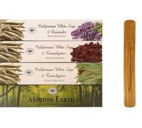 Green Tree Incense Sticks Pack of 4 - Californian White Sage & Dragon's Blood, Sage & Eucalyptus, White Sage & Lavender, Mother Earth with JRose Incense Burner