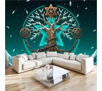 Green Tree of Life Wall Mural 3D Effect Abstract Art Runes Non-Woven Self-Adhesive Wallpaper Living Room Bedroom Home Decor TV Background Large Art Wall Painting 200x140 cm