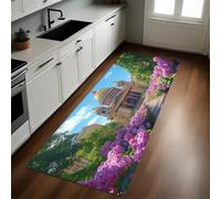 Green Trees Kitchen Rug 50 x 80 cm Ancient architecture and flowers Non-Slip Machine Washable Low Pile Carpet for Hallway, Entryway, Bedroom Kitchen Laundry Living Room