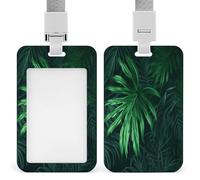 Green Tropical Jungle Plant ID Badge Holder with Lanyard Vertical Plastic Card Case Protector Pouch with Clear Window Detachable Name Tag Clips for Nurse Doctor Teacher Office Use