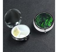 Green Tropical Jungle Plant Pill Box 3 Compartment Round Metal Pill Case for Purse & Pocket, Portable Medicine Organizer Travel Pillbox Daily Pill Container Holder to Hold Vitamins, Fish Oil