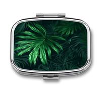 Green Tropical Jungle Plant Pill Case Portable Medicine Organizer Compact Travel Pill Box Small Metal Medicine Box for Purse Pocket Pill Container Holder 2 Compartments Medication Holder