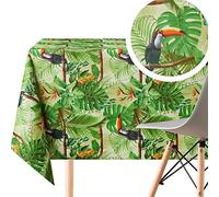 Green Tropical Jungle Wipe Clean Tablecloth - Textil Look - Square 140x140cm | 55x55in Up To 4 Seats - Waterproof Vinyl PVC Wipeable Plastic Table Cloths - Garden Kitchen - Toucan Birds Palm Leaves
