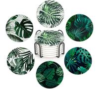 Green Tropical Leaves 6Pack Ceramic Drink Coasters,Quick-Absorb Stone Coasters with Anti-Slip Cork Backing & Metal Holder, Table Protectors for Kitchen Bar