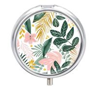 Green Tropical Leaves Pill Box - 3 Compartment, Round Metal Pill Case with Mirror, Portable Medicine Holder for Purse/Wallet/Travel