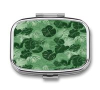 Green Tropical Leaves Pill Organizer 2 Compartments Small Pill Box for Pocket Purse Portable Travel Pill Case Metal Medicine Organizer Daily Pill Container for Vitamin Fish Oil Supplement