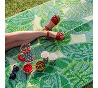Green Tropical Palm Leaf Waterproof Outdoor Rug | Plastic, Lightweight Mat with Jungle Leaves Pattern | For Garden, Patio, Decking, Bathroom, Utility, Picnic Folds Away for Easy Storage 180 x120cm