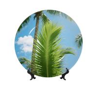 Green Tropical Palm Leaves Bone China Decorative Plate,8in（20cm） Ceramic Decorative Plates with Display Stand,Ceramic Ornaments Art Porcelain Plate for Home Office Wall Decor Collections Plates
