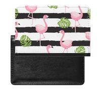 Green Tropical Palm Trees Pink Flamingos on White Vertical Stripes Women's Passport Protector, Men's Passport Protector, PU Travel Passport Protector for Women Men Worker 5.8 x 3.9 x 0.4 inch