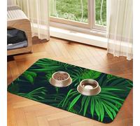 Green Tropical Plant Print Pet Food Mat Absorbent Non Slip PU Leather Feeding Mat for Dogs Cats Rubber Bottom