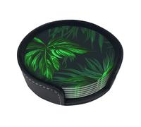 Green Tropical Plant Round Leather Coasters (6 Pieces) - Drink Coaster Set For Desk, Modern Easy To Clean Home Office & Farmhouse Coasters