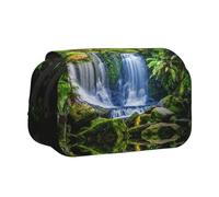 Green Tropical Plants and Waterfall Flip-Top Double-Layer Pencil Case,Large Capacity (Holds 50 Pens/Pencis),Full-Print Durable Polyester School Office Supplies