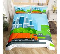 Green Truck Toddler Bedding Set Single Size Cartoon Garbage Truck Duvet Cover For Kids Boys Girls Teens Modern Garbage Recycling Equipment Comforter Cover 2Pcs,City Waste Recycling Bedspread Cover