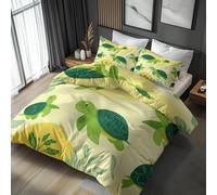 Green Turtle Double Bed Duvet Cover Set 3 Piece with 2 Pillowcases, Kids Marine Life Patterned Bedroom Decor Bedding, Soft Microfibre Quilt Cover with Zip JY-286