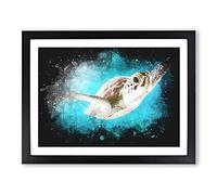 Green Turtle Paint Splash Modern Art Framed Wall Art Print, Ready to Hang Picture for Living Room Bedroom Home Office Décor, Black A2 (64 x 46 cm)