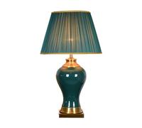 Green Vase Ceramic Led Table Lamp Classic Cottage Bedside Desk Nightstand Lamp with Fabric Lampshade for Bedroom Living Room Office College Bookcase/33 * 57Cm