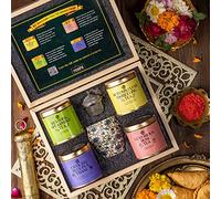 Green Velly Roshi Limited Edition Pinewood Luxury Festival Tea Gift Box for all occasions| Calming Chamomile flowers| Pure Spearmint | Luxurious Rose | Autumn Flush Darjeeling tea| Kulhad | Basket Strainer Tea Infuser