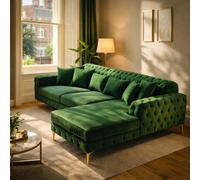 (Green Velvet, Right Hand Chaise) Luxury Chesterfield Chaise Sofa Longue Plush Velvet L Shape Corner Settee Couch
