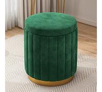 Green Velvet Round Ottoman Stool with Storage - Stylish Upholstered Foot Rest & Vanity Seat for Bedroom & Makeup Perfect for Girls' Room - 34x34x44cm (13x13x17inch)