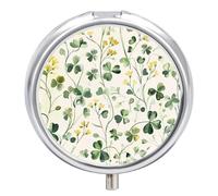 Green Vine Pattern Pill Box - 3 Compartment, Round Metal Pill Case with Mirror, Portable Medicine Holder for Purse/Wallet/Travel