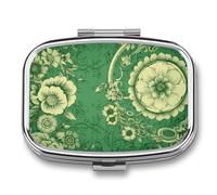 Green Vintage Floral Pill Box,2 Compartments Square Pills Container,Portable for Pocket Or Purse Pill Organizer to Hold Vitamins,Medication,Fish Oil,etc
